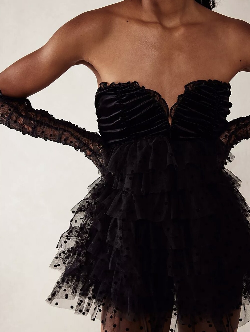 For Love And Lemons Jourdan Dress Mini With Gloves Lace Ruffles Black L NWT